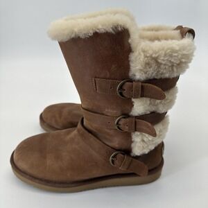 UGG S/N 1005380 Women's Tan Cream Fur 3 Buckle  Leather Boots US Size 8